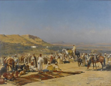  Desert Oil Painting - MARKET IN THE DESERT Victor Huguet Orientalist